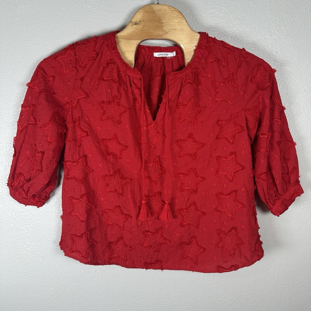 Chicos Star Textured Embroidered Top Tassel V-Neck Blouse Size 2/12/Large Red